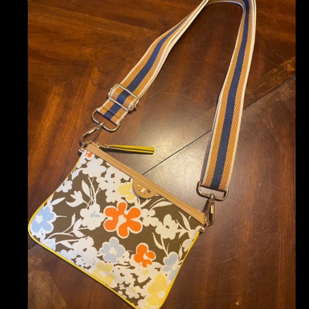 Tory Burch Floral Crossbody Bag with Striped Strap - Orange, Blue & Brown